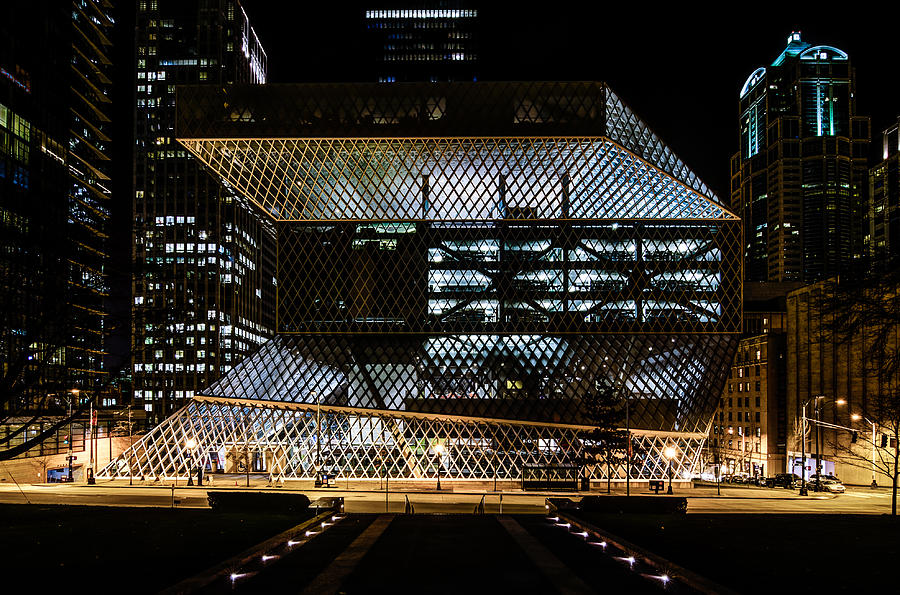 Seattle Public Library At Night Photograph by Brian Xavier