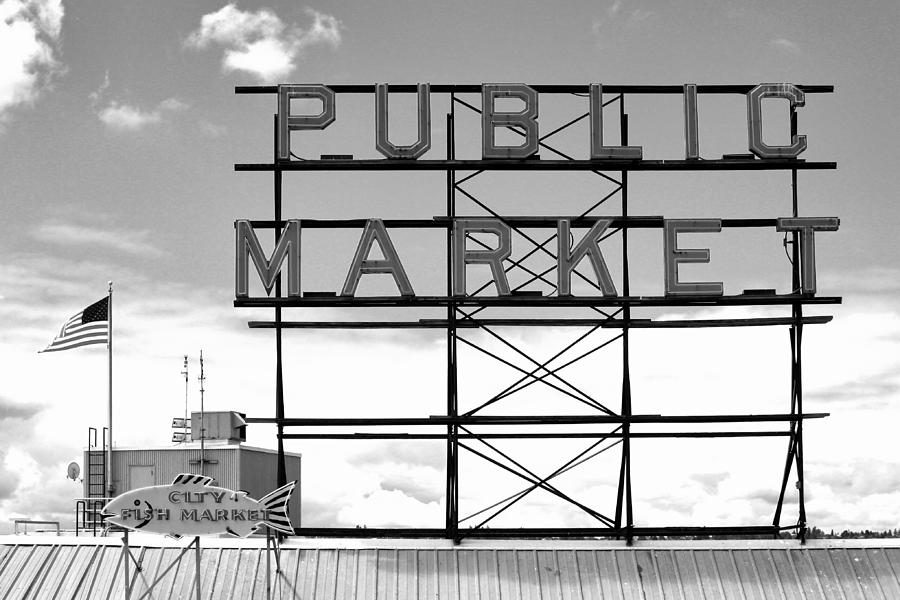 Seattle Public Market Black and White Photograph by Jenny Hudson