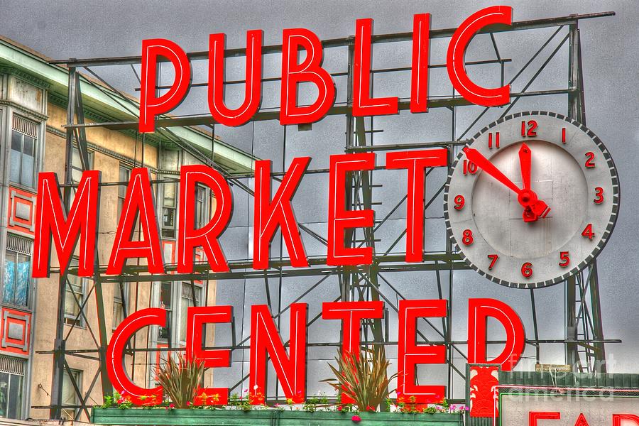 Clock Photograph - Seattle Public Market Center Clock Sign by Tap On Photo