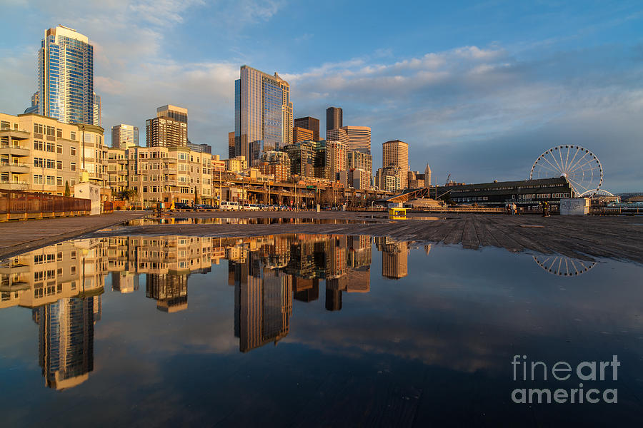 Seattle Reflection Golden Light Photograph by Mike Reid