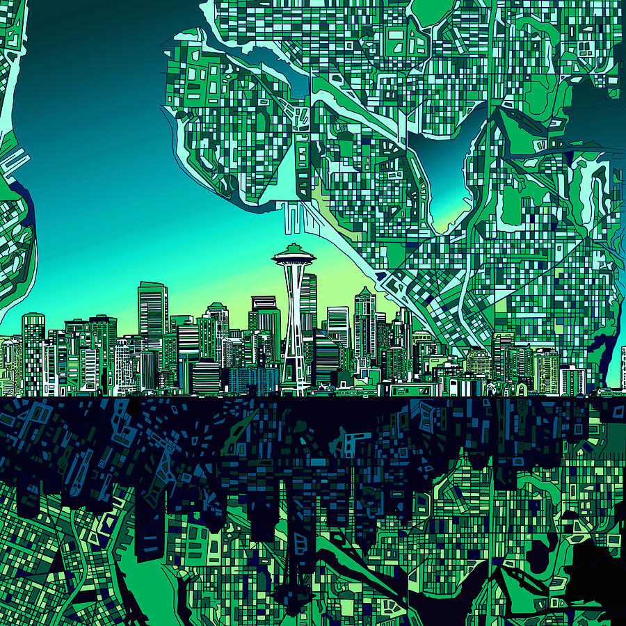 Seattle Skyline Abstract Painting by Bekim M