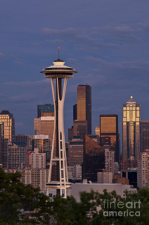 Seattle Skyline and Space Needle with city lights Photograph by Jim Corwin