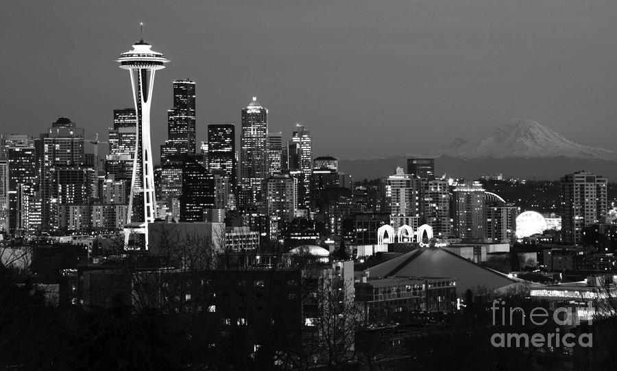 Seattle Photograph - Seattle Skyline At Night Monochrome by Bob Christopher
