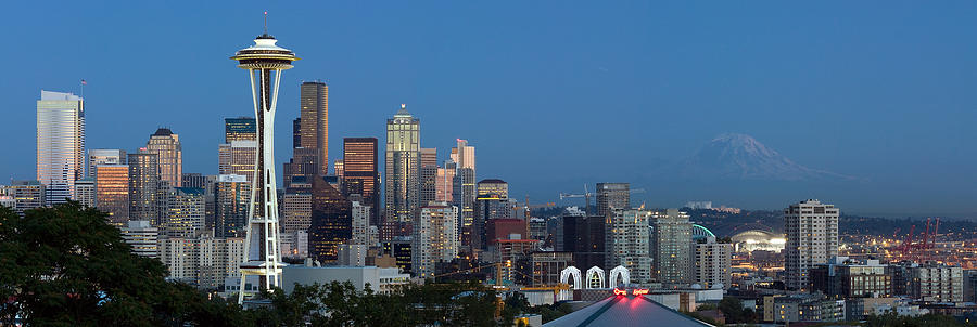 Seattle Skyline at Night Photograph by Nick Buchanan