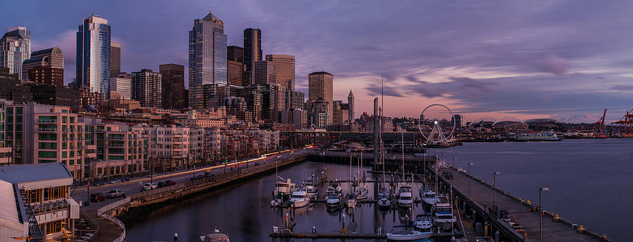 Seattle Skyline Bell Harbor Dusk Photograph by Mike Reid