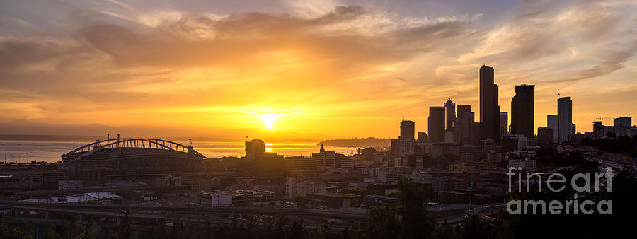 Seattle Skyline Dusk Sun Photograph