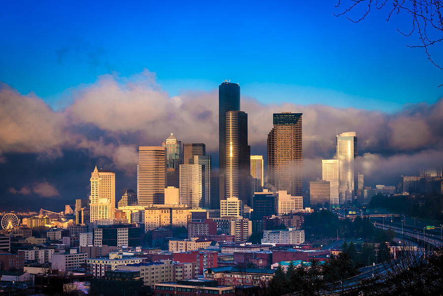Seattle Skyline in the Fog Photograph by Jerry Cahill