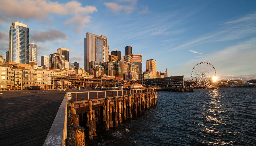 Seattle Photograph - Seattle Skyline Sunlit Pier by Mike Reid