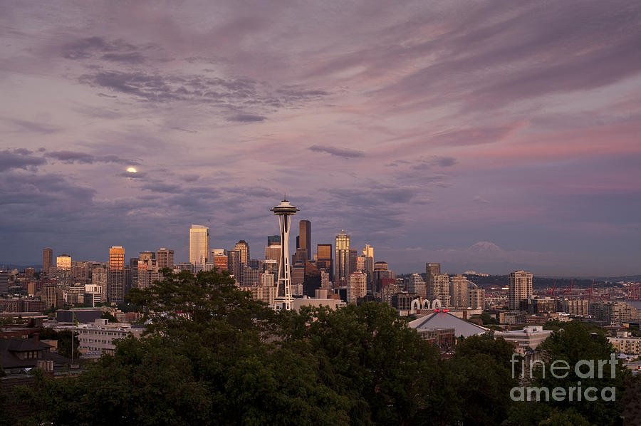 Seattle Skyline with moonrise and Space Needle Photograph by Jim Corwin