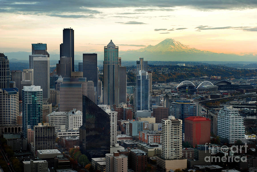 Seattle Skyline with Mount Ranier Photograph by Lane Erickson