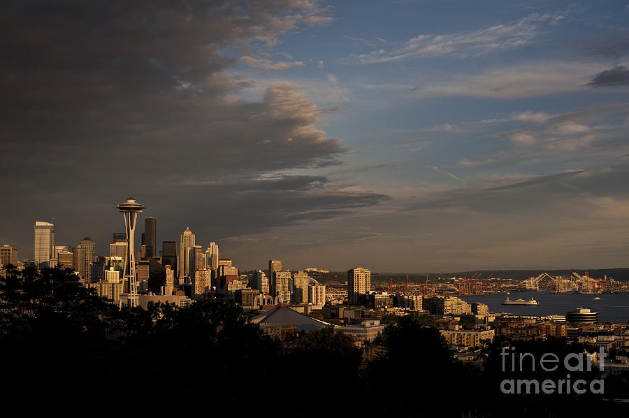 Seattle Skyline with Space Needle and stormy weather with Mount  Photograph by Jim Corwin