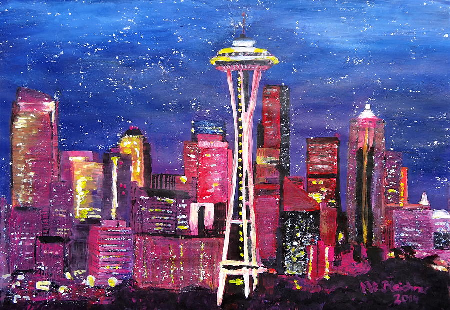 Seattle Painting - Seattle Skyline with Space Needle at Night by M Bleichner