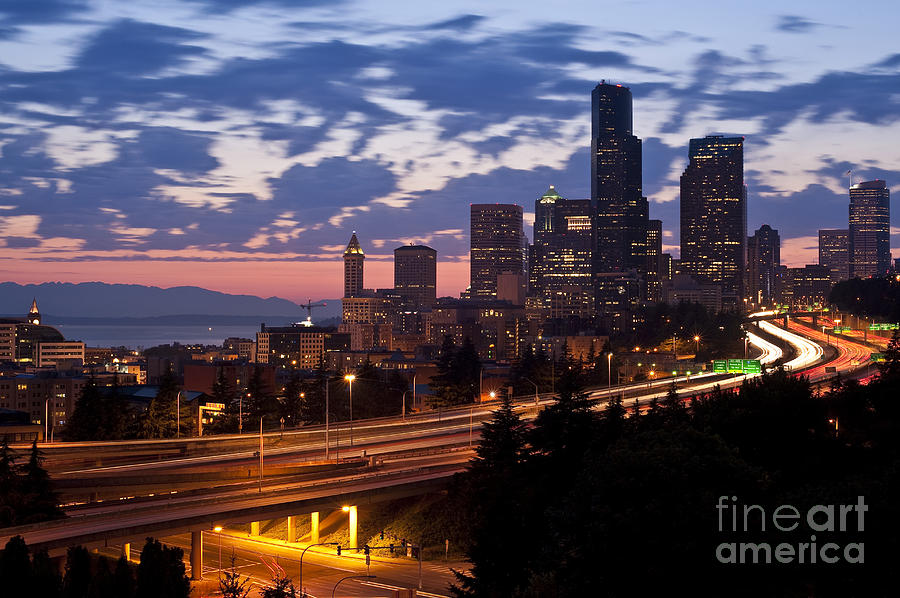 Seattle Skyline With Sunset Photograph by Jim Corwin