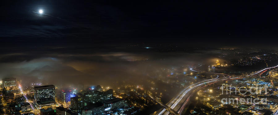 Seattle Photograph - Seattle SODO Fog and Moonlight by Mike Reid