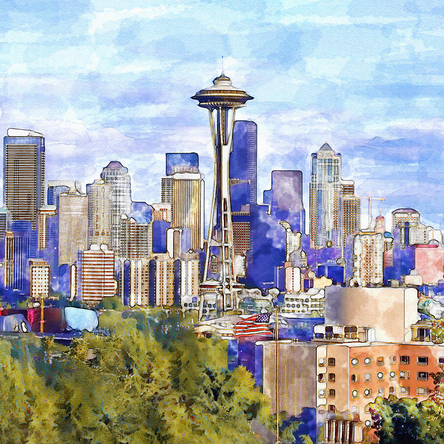 Seattle Painting - Seattle View in watercolor by Marian Voicu