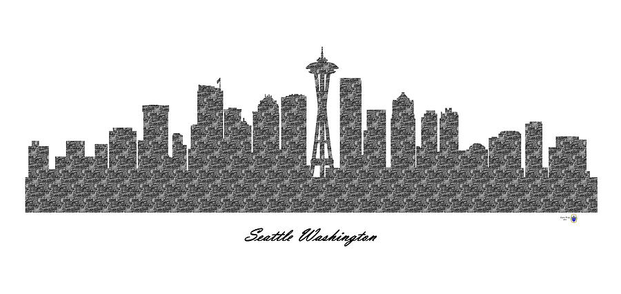 Seattle Washington 3D BW Stone Wall Skyline Digital Art by Gregory Murray