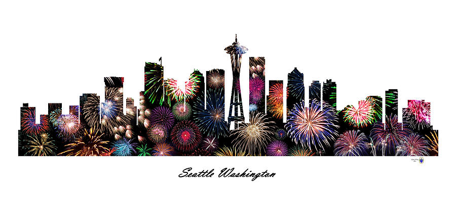Seattle Washington Fireworks Skyline Digital Art by Gregory Murray