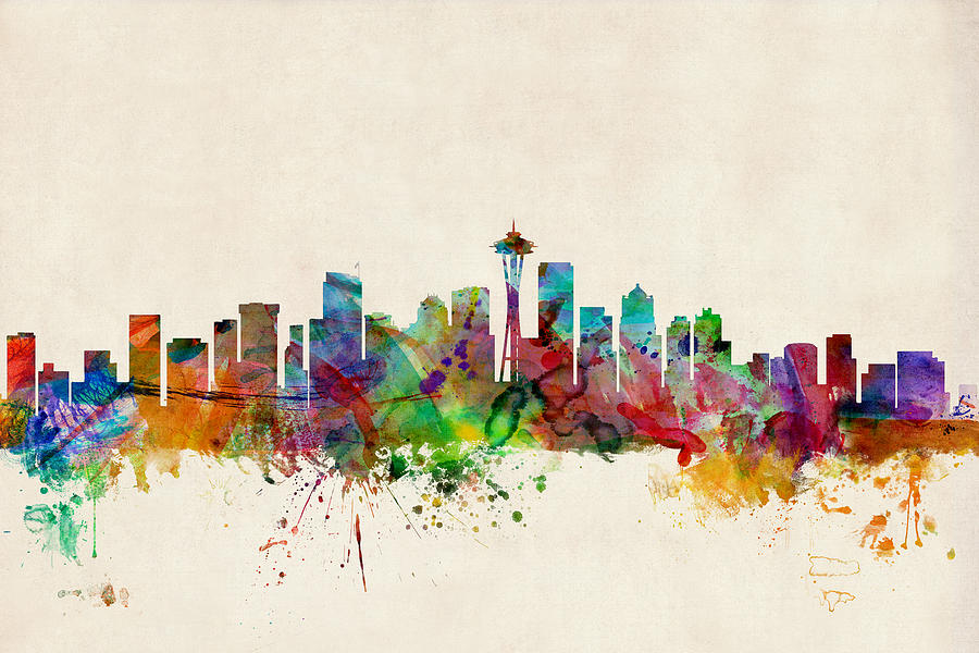 Watercolour Digital Art - Seattle Washington Skyline by Michael Tompsett