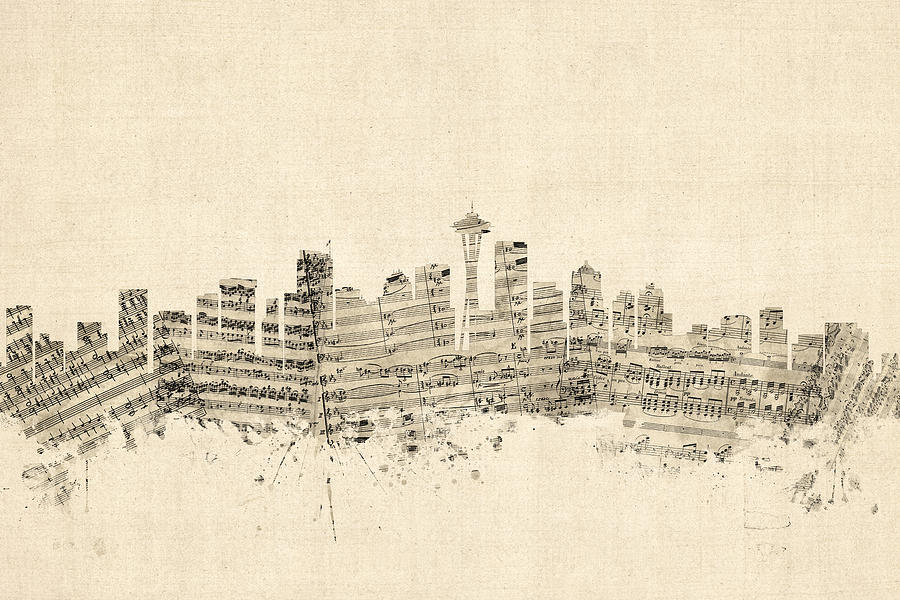 Seattle Digital Art - Seattle Washington Skyline Sheet Music Cityscape by Michael Tompsett
