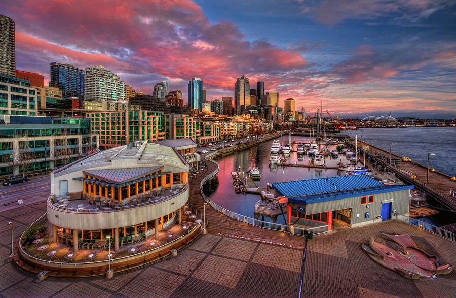 Architecture Photograph - Seattle Waterfront At Sunset by Photo By David R Irons Jr