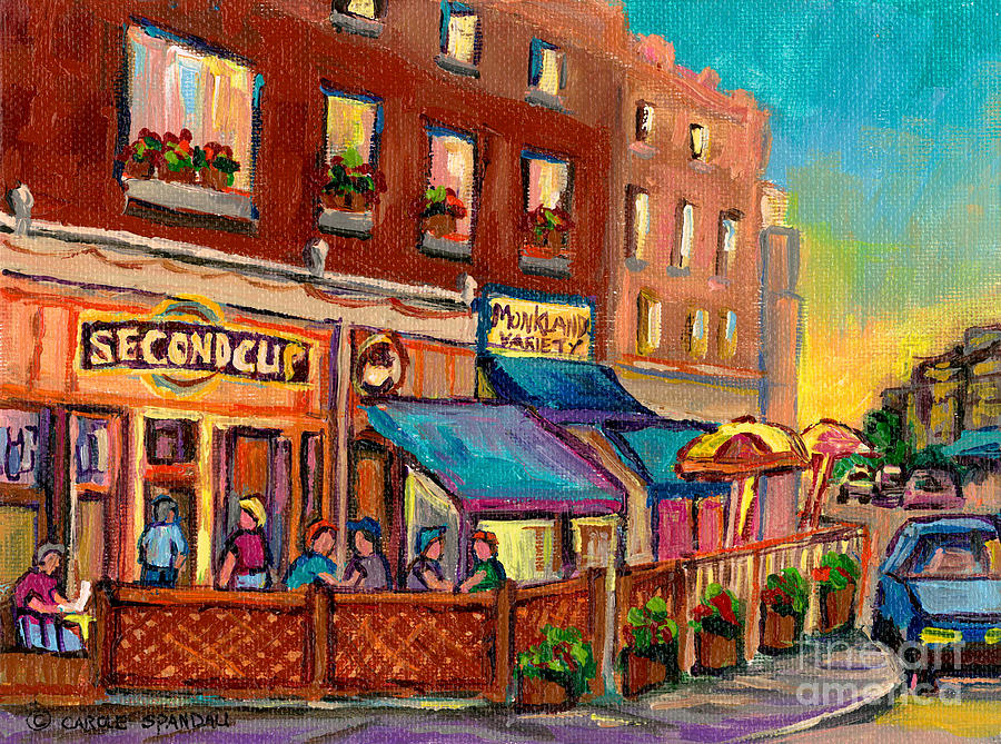 Second Cup Cafe Terrace Montreal Street Scene Painting by Carole Spandau