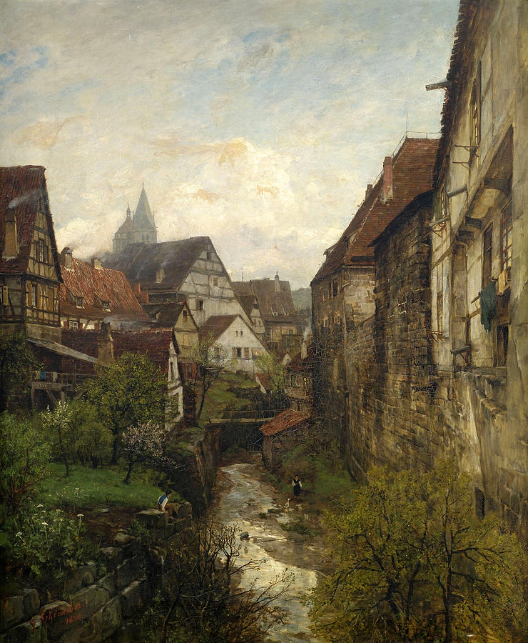 Section in the old town of Esslingen Painting by Gustav Schoenleber