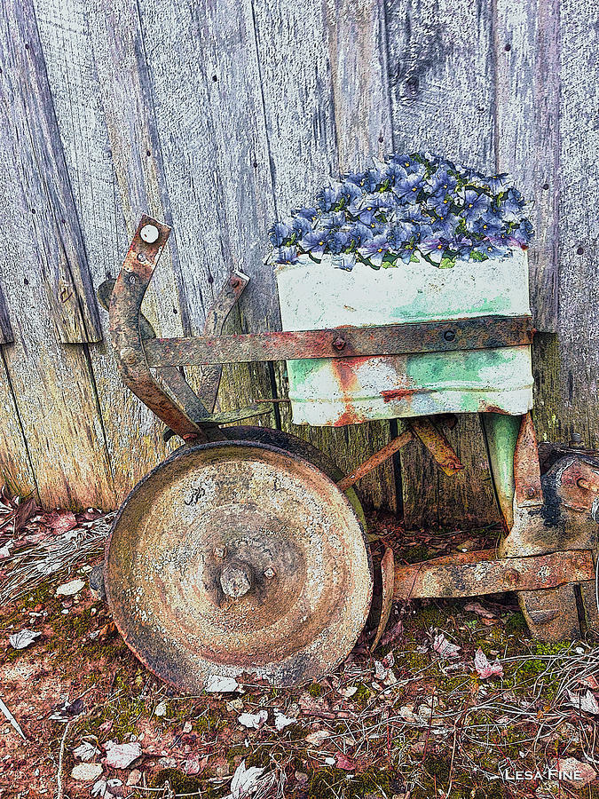 Seeder and Pansies Mixed Media by Lesa Fine
