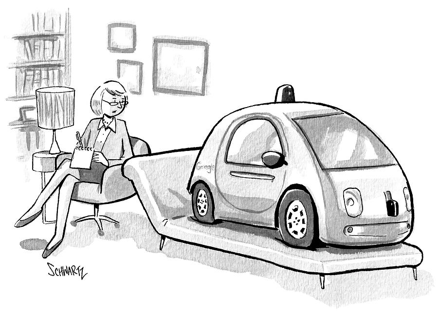 Self Driving Car In Therapists Office Drawing by Benjamin Schwartz