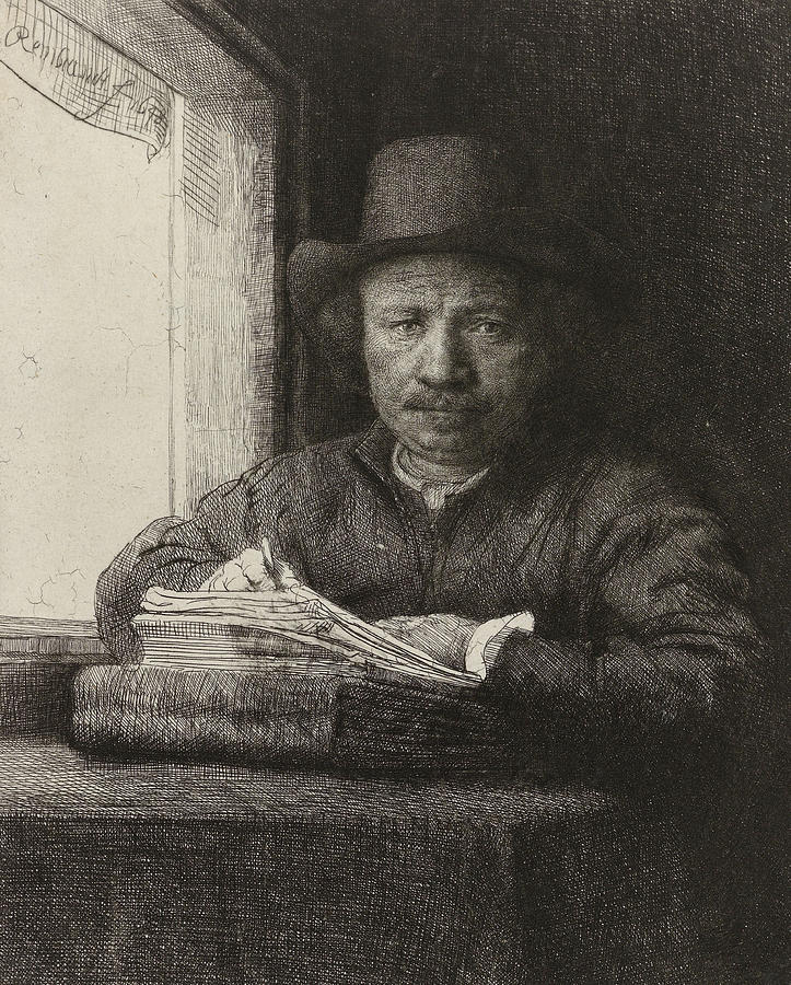 Rembrandt Harmensz Van Rijn Drawing - Self-portrait etching at a window by Rembrandt