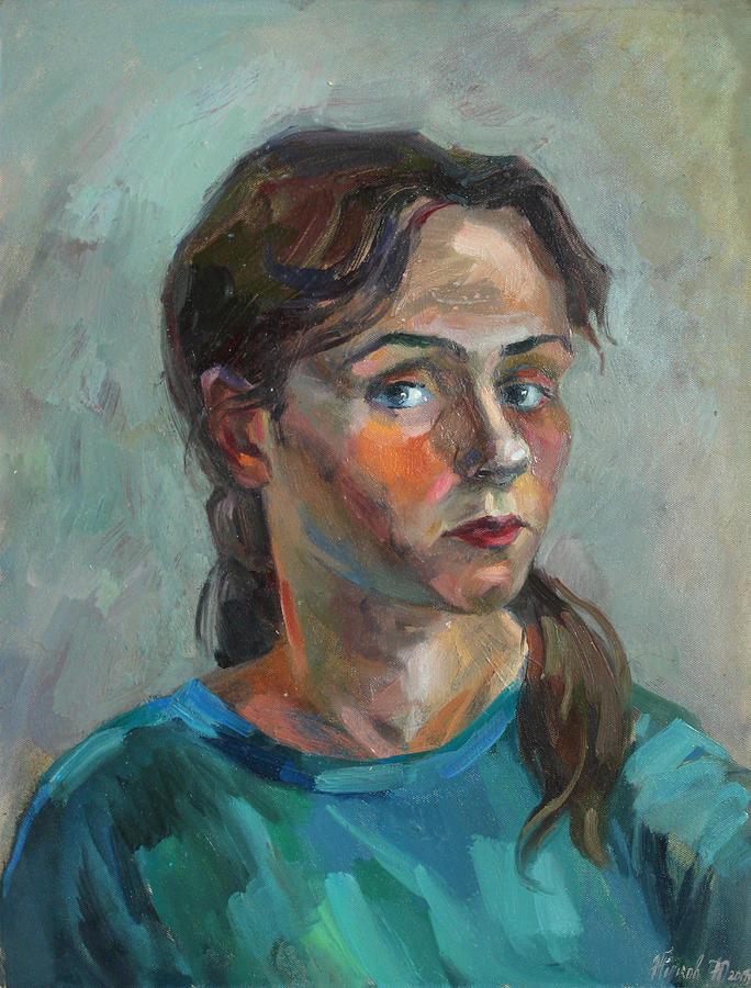Self portrait in a turquoise Painting by Juliya Zhukova