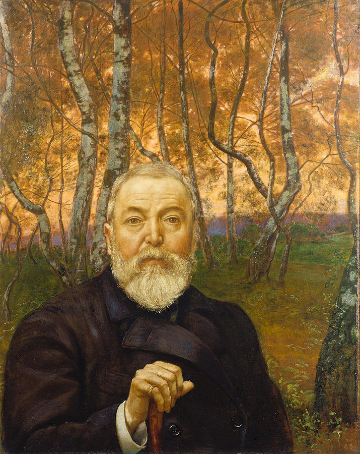 Hans Thoma Painting - Self-portrait in front of a birch forest by Hans Thoma