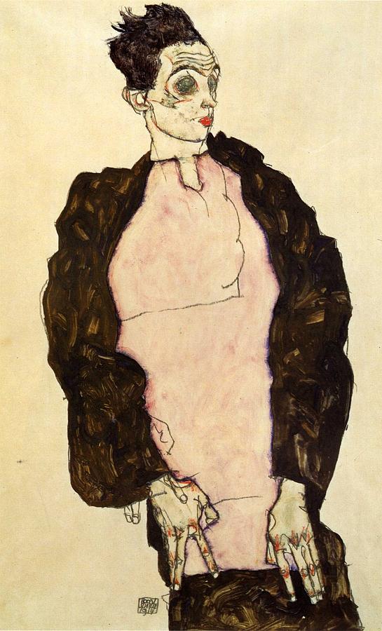 Egon Schiele Painting - Self-portrait In Lilac Shirt by Celestial Images
