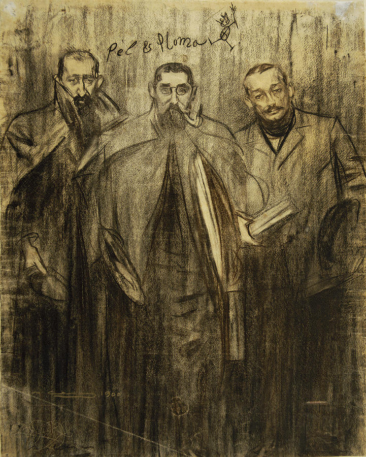 Self-portrait of Ramon Casas between Miquel Utrillo and Leandre Galceran Drawing by Ramon Casas