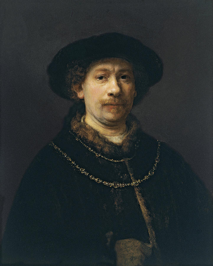 Hat Painting - Self Portrait Wearing a Hat and Two Chains by Rembrandt van Rijn