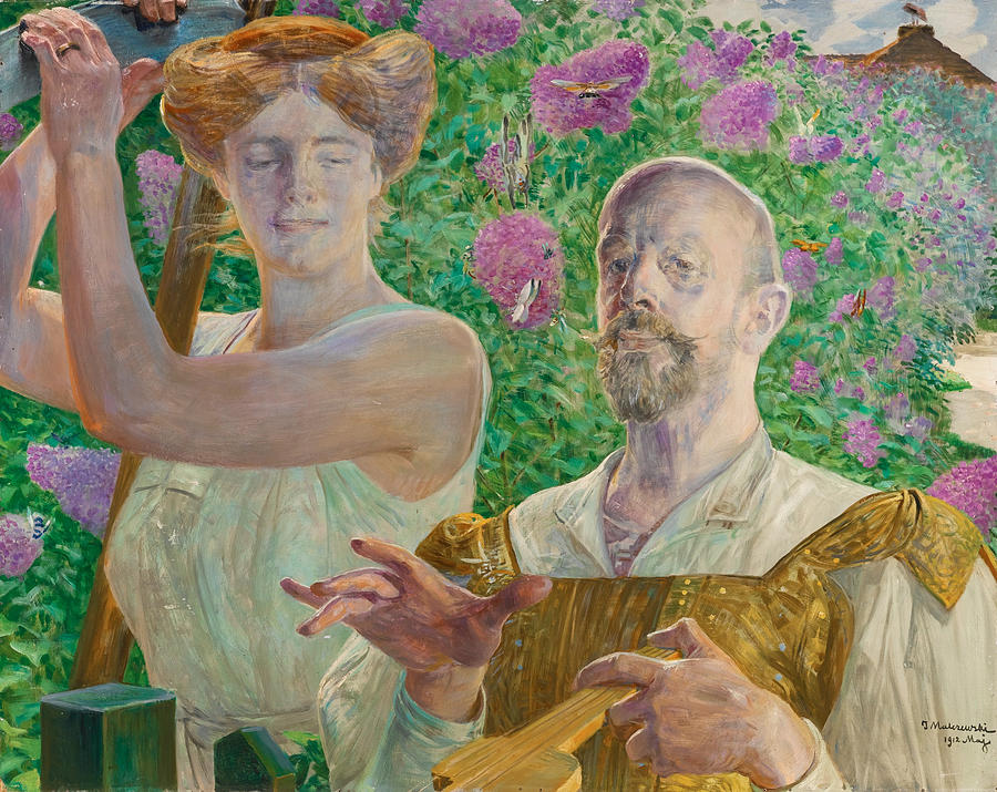 Self-portrait with Muse and Buddleia Painting by Jacek Malczewski