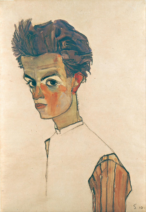 Egon Schiele Painting - Self-Portrait with Striped Shirt by Celestial Images