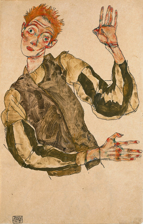 Self-Portrait with Striped Sleeves Drawing by Egon Schiele