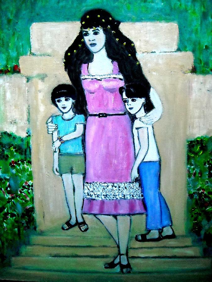 Selfportrait With My Daughters Painting by Elena Buftea