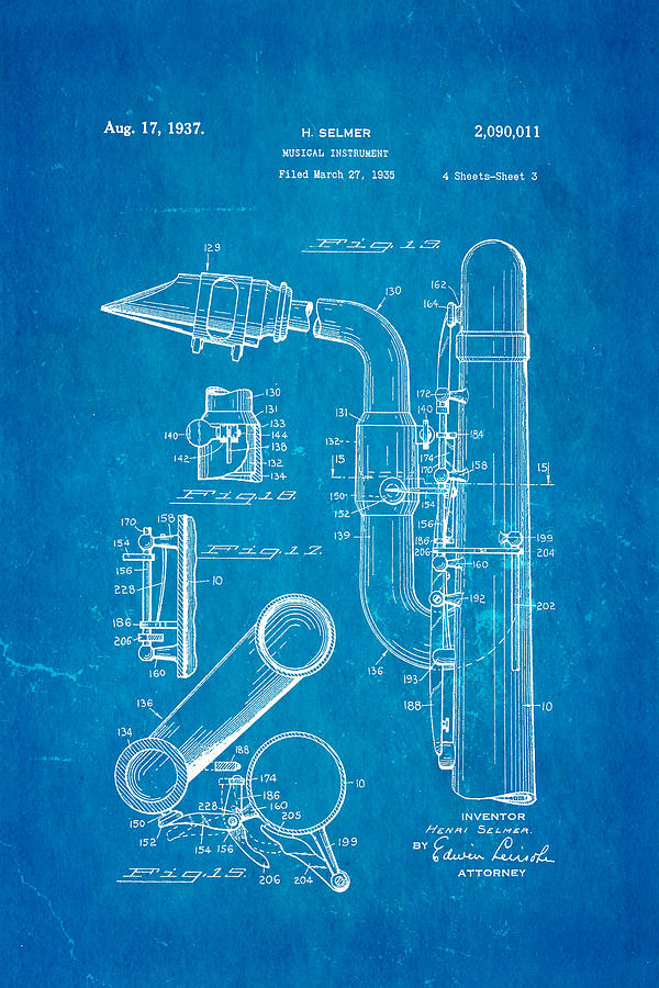 Music Photograph - Selmer Saxophone Patent Art 2 1937 Blueprint by Ian Monk
