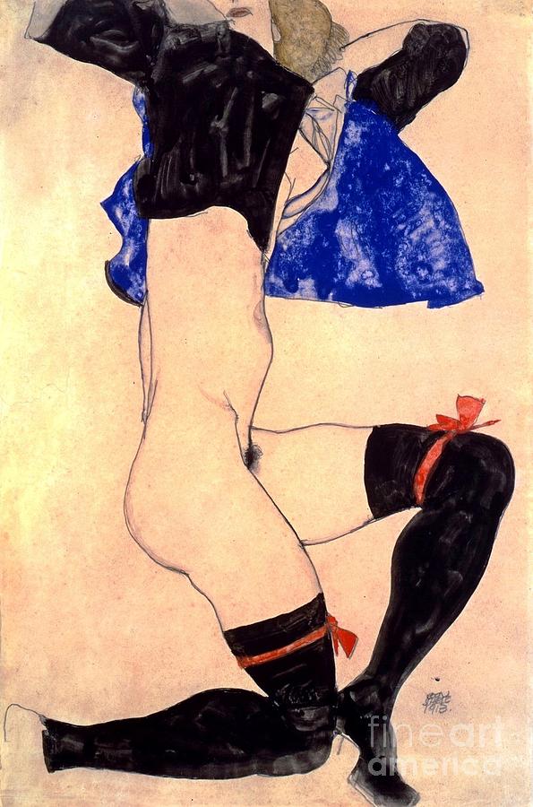 Semi-nude with black stockings and red garter Painting by Thea Recuerdo