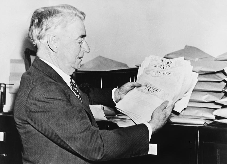 Black And White Photograph - Senator Gets Telegrams by Underwood Archives