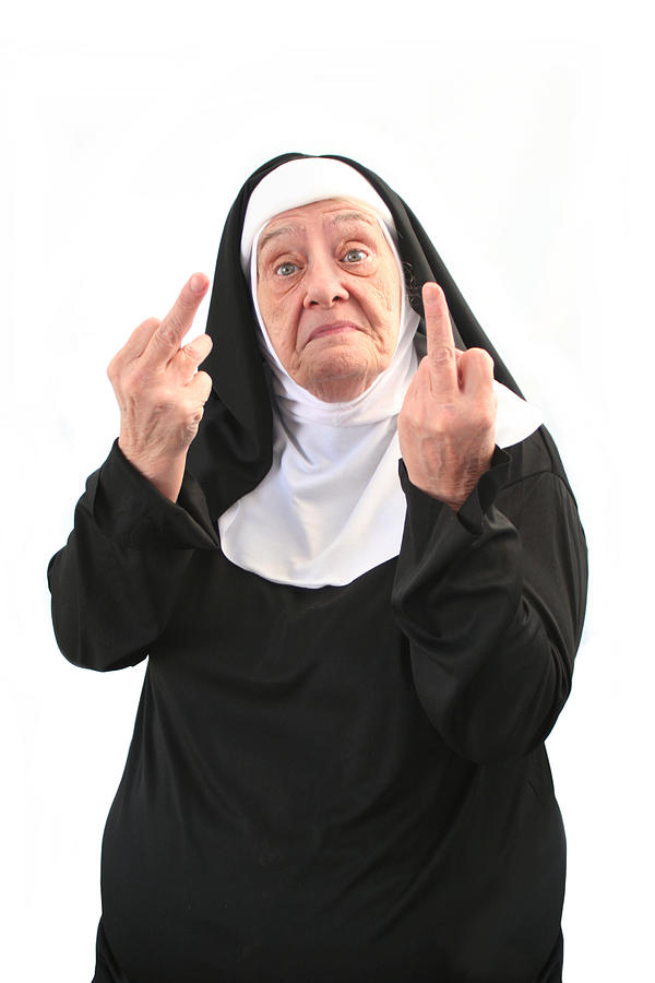 Senior Nun Giving Two Middle Finger Gestures, Isolated on White Photograph by Bobbieo