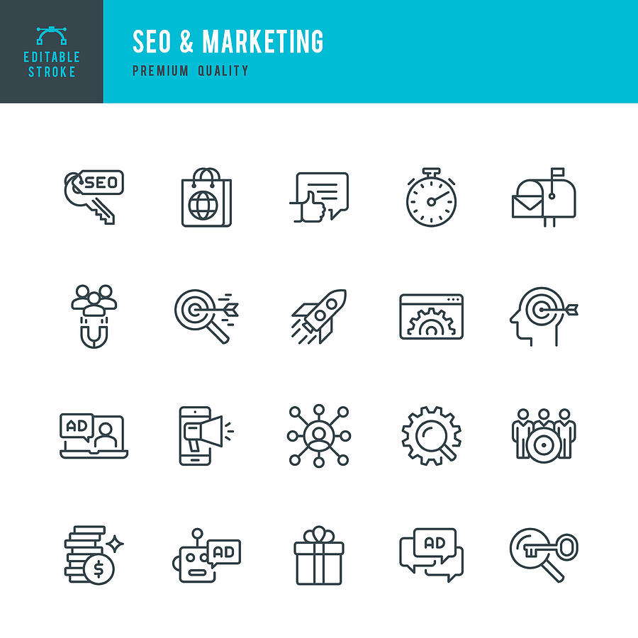 SEO & Marketing - set of line vector icons Drawing by Fonikum