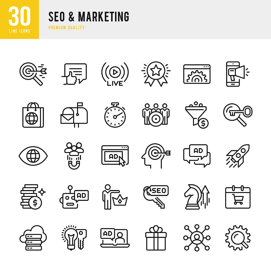SEO & Marketing - set of thin line vector icons Drawing by Fonikum