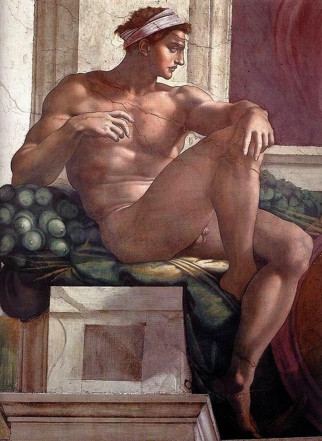 Michelangelo Painting - Separation of Light from Darkness - Ignudo detail by Michelangelo Buonarroti