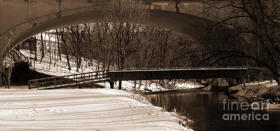 Sepia -Hill to Hill Bridge and Monocacy Creek - Colonial Industrial Quarter - Bethlehem PA Photograph by Jacqueline M Lewis