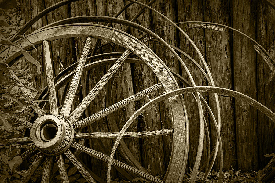 Landscape Photograph - Sepia Photo of Broken Wagon Wheel and Rims by Randall Nyhof
