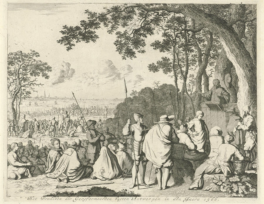City Drawing - Sermons Outside Antwerp, 1566, Belgium, Jan Luyken by Jan Luyken And Abraham Wolfgang