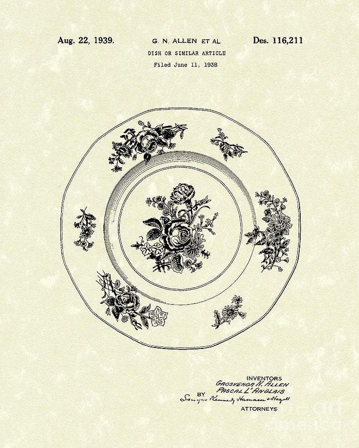 Serving Dish 1939 Patent Art Drawing by Prior Art Design