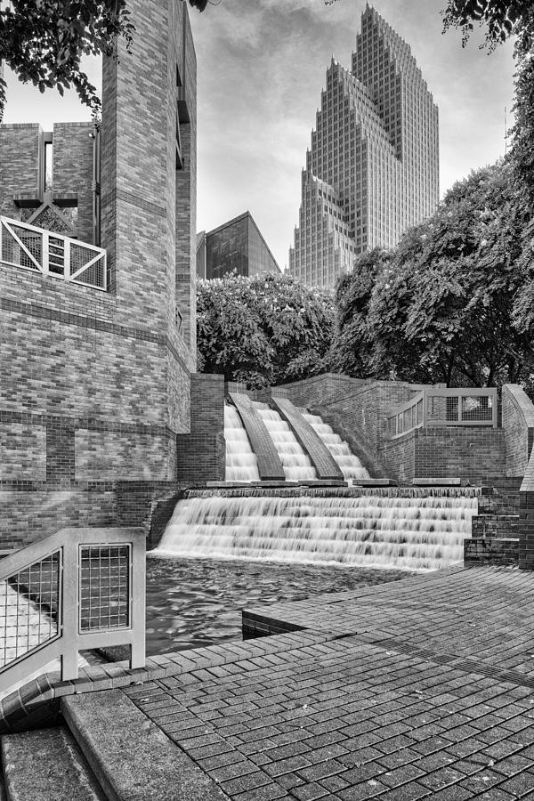 Houston Skyline Photograph - Sesquicentennial Fountains at Wortham Center in Black and White - Downtown Houston Texas by Silvio Ligutti